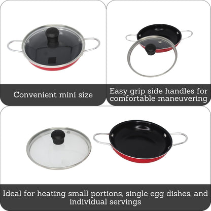 5.8 Inch Aluminum Black Ceramic Egg Pan Casserole with Glass Lid, Red | Egg Pan for Single Servings, Small Aluminum Cookware2