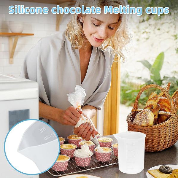 Silicone Cups for Melting Chocolate, 4Pack 100/250/350Ml Capacity Silicone Measuring Cups with 2Pcs 5Ml Droppers，Reusable Baking Supplies for DIY Chocolate Molds3