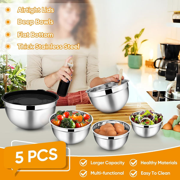Mixing Bowls Set of 5, Stainless Steel Metal Salad Bowls with Lids3