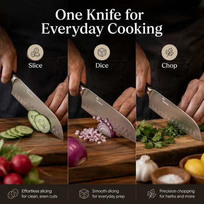 7-Inch Santoku Kitchen Knife, High-Carbon Stainless Steel, Hollow-Edge Blade for Fast Slicing, Comfortable Pakkawood Handle, Gift-Ready Box, Hand Wash for Easy Care2
