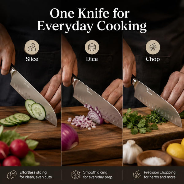 7-Inch Santoku Kitchen Knife, High-Carbon Stainless Steel, Hollow-Edge Blade for Fast Slicing, Comfortable Pakkawood Handle, Gift-Ready Box, Hand Wash for Easy Care2