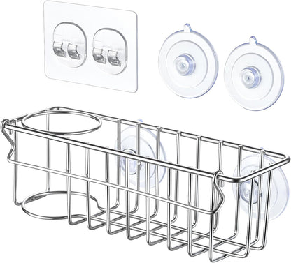 3-In-1 Sponge Holder for Kitchen Sink with Suction Cups & Adhesive Hook , In-Sink Sponge Holder, Wall Hanging Sink Caddy Organizer Rack - Sponge, Dish Cloth, Brush, Scrubber - 304 Stainless Steel3