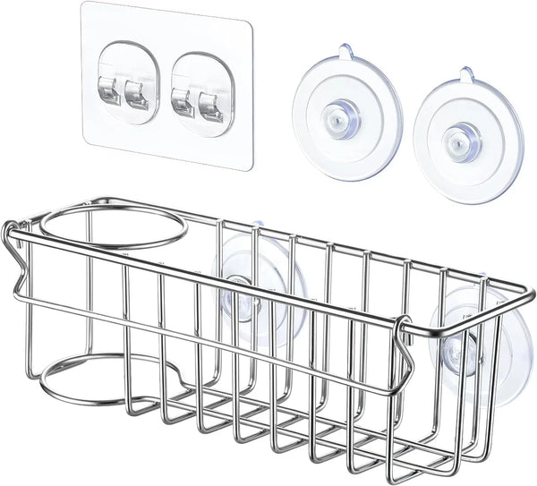 3-In-1 Sponge Holder for Kitchen Sink with Suction Cups & Adhesive Hook , In-Sink Sponge Holder, Wall Hanging Sink Caddy Organizer Rack - Sponge, Dish Cloth, Brush, Scrubber - 304 Stainless Steel3