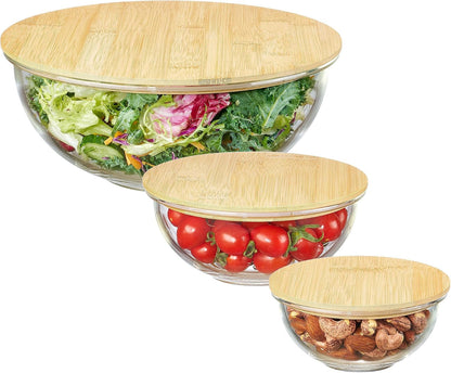 3 Pack Glass Mixing Bowls with Bamboo Lids, Nesting Set1