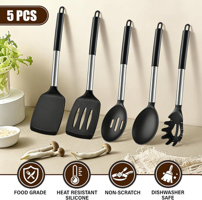 5Pcs Silicone Cooking Utensils Set, Heat Resistant Kitchen Tools Include Solid&Slotted Spatula, Cooking Spoon and Pasta Server, Silicone Kitchen Utensils Set for Nonstick Cookware Flipping, Black4