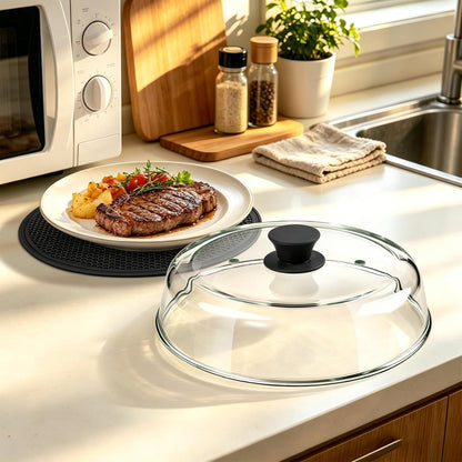 10Inch Glass Microwave Splatter Cover for Food with Silicone Mat – Heat Resistant Plate Splatter Guard Lid with Vent Holes & Easy-Grip Handle – BPA Free, Dishwasher Safe7