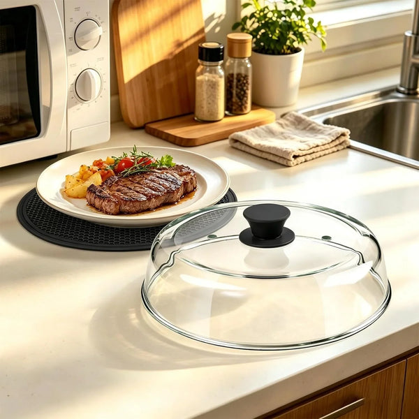 10Inch Glass Microwave Splatter Cover for Food with Silicone Mat – Heat Resistant Plate Splatter Guard Lid with Vent Holes & Easy-Grip Handle – BPA Free, Dishwasher Safe7