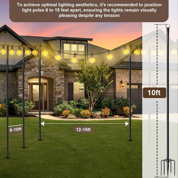 4 Pack String Light Poles for Outdoor,Metal Light Hanging Pole outside with Fork,Light Stand for Patio, Pergola, Garden, Backyard, Yard, Camping Party (4 Pack)6