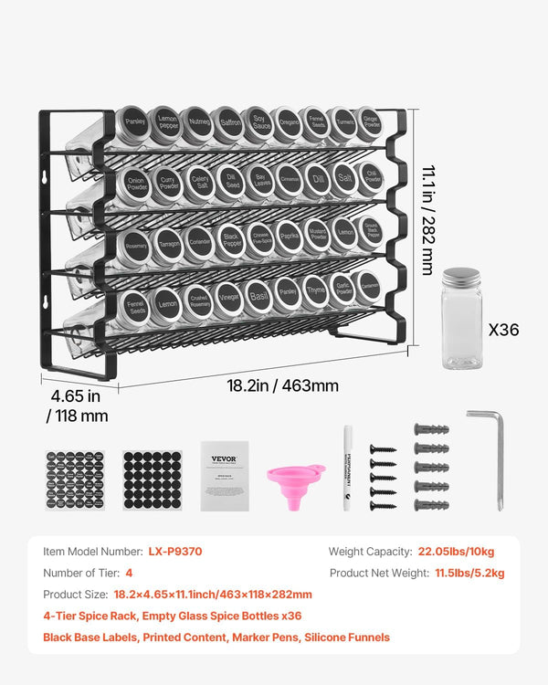 Spice Rack Organizer for Cabinet, Spice Organizer with 36 Empty Spice Jars, Lids, Spice Labels, and Funnel Complete Set, Seasoning Organizer for Countertop, Kitchen, Pantry, Cupboard, 18X11 In7