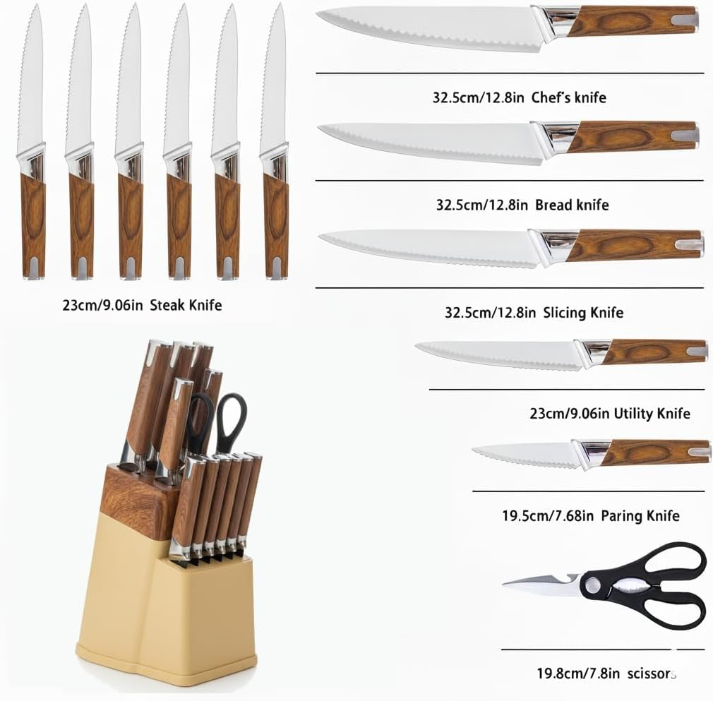 13-piece-kitchen-knife-set-with-block-and-6-steak-knives-brown-dishwasher-safe-stainless-steel-knives-soft-touch-handles-bottle-opener-shears-and-a-drain-hole-storage-block