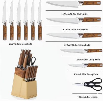 13-Piece Kitchen Knife Set with Block and 6 Steak Knives (Brown) | Dishwasher-Safe Stainless Steel Knives, Soft-Touch Handles, Bottle-Opener Shears and a Drain-Hole Storage Block2