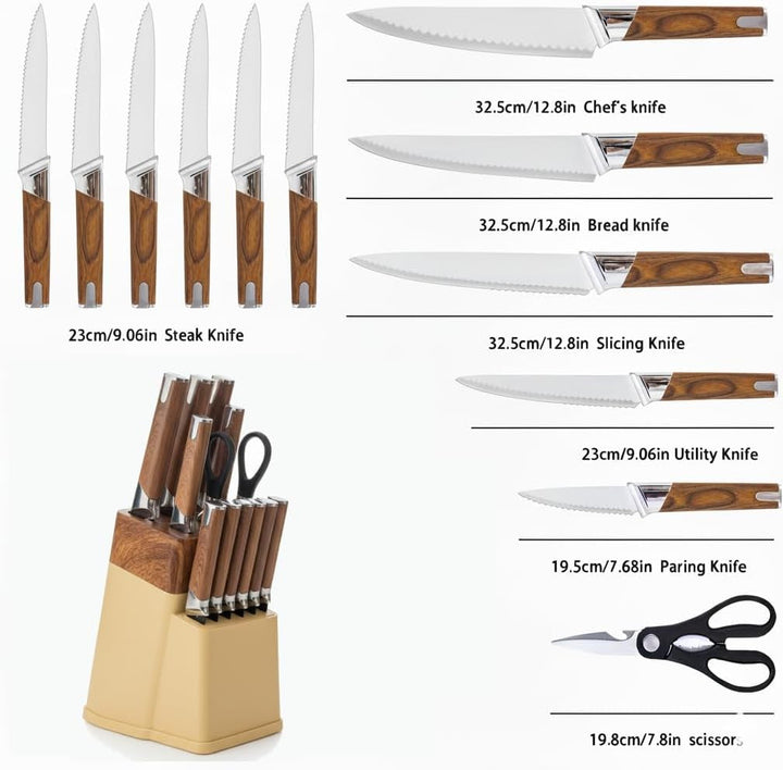 13-Piece Kitchen Knife Set with Block and 6 Steak Knives (Brown) | Dishwasher-Safe Stainless Steel Knives, Soft-Touch Handles, Bottle-Opener Shears and a Drain-Hole Storage Block+2