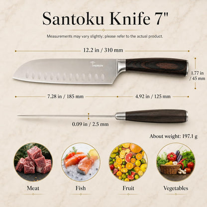 7-Inch Santoku Kitchen Knife, High-Carbon Stainless Steel, Hollow-Edge Blade for Fast Slicing, Comfortable Pakkawood Handle, Gift-Ready Box, Hand Wash for Easy Care5