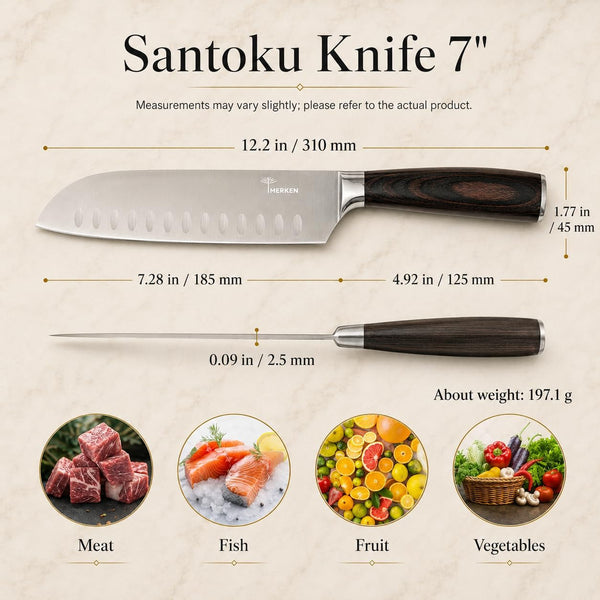 7-Inch Santoku Kitchen Knife, High-Carbon Stainless Steel, Hollow-Edge Blade for Fast Slicing, Comfortable Pakkawood Handle, Gift-Ready Box, Hand Wash for Easy Care5