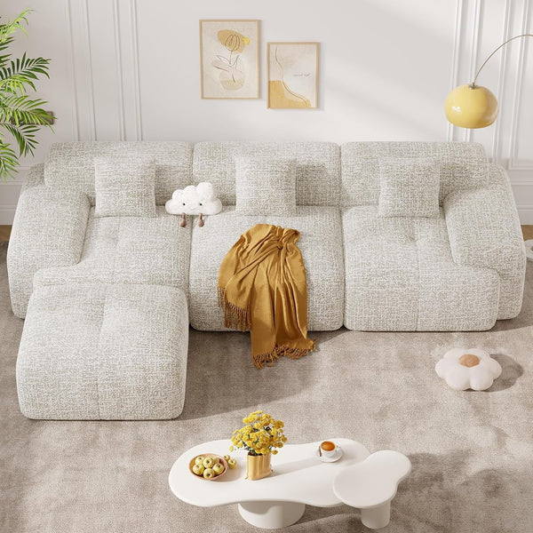 122" Modern L Shaped Modular Sectional Sofa, Boneless Couches for Living Room with Ottoman,4 Seater Convertible Chenille Cloud Couch Sofa Set, No Assembly Required, Beige 1 PCS9