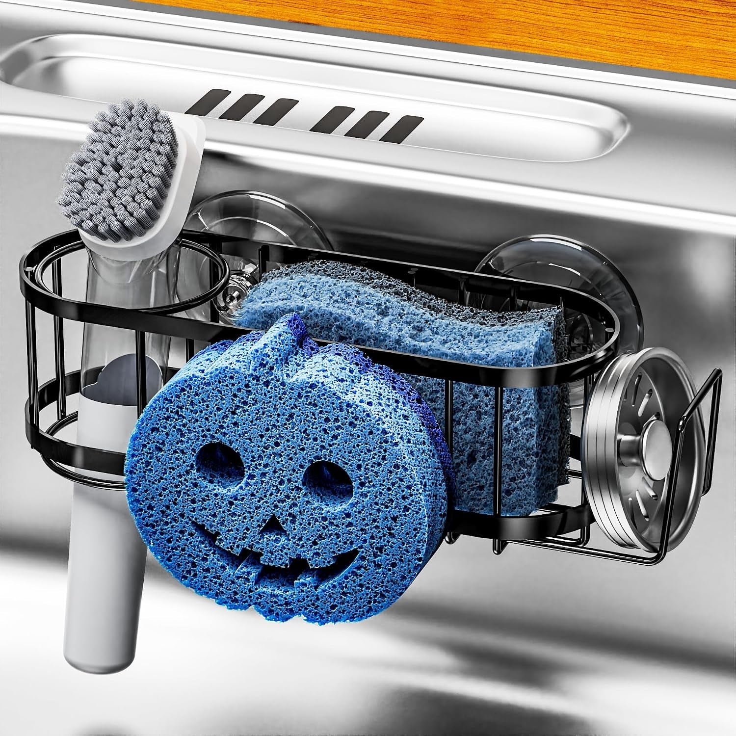 sponge-holder-smiley-face-sink-caddy-for-kitchen-sink-kitchen-organizer-sponge-holder-with-2-pcs-suction-cups-and-adhesive-strips-designed-for-sponge-soap-dish-brush-scrubber-black