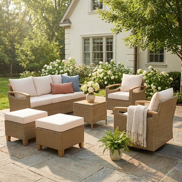 6-Piece Patio Wicker Conversation Set, Outdoor Sofa & Swivel Chairs1