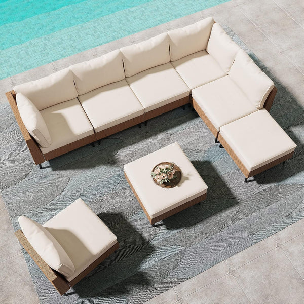 Outdoor Patio Furniture, 8 Piece Outdoor Sectional Sofa PE Rattan Wicker Patio Conversation Sets,All Weather Patio Furniture Set with Thick Cushions for Garden, Poolside, Backyard(Beige)8
