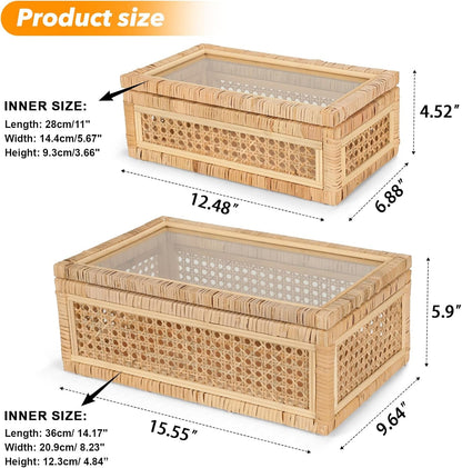 Large Handwoven Boho Rattan Display Boxes with Glass Lids Set of 2 | Rectangular Decorative Storage Bins Natural Woven Cane Home Decor Organizers (15.55" X 9.64" X 5.9" & 12.48" X 6.88" X 4.52")3