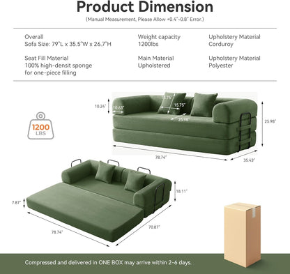 79" Convertible Futon Sofa Bed, Boneless Couch for Living Room (Green)2