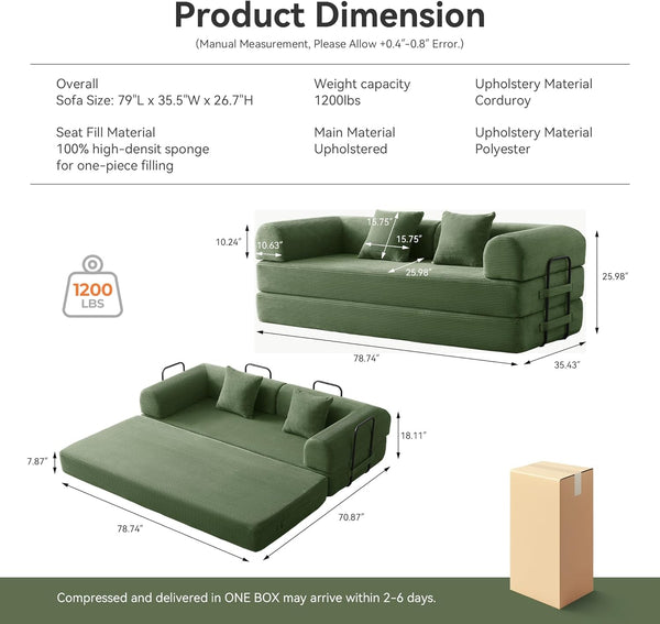 79" Convertible Futon Sofa Bed, Boneless Couch for Living Room (Green)2
