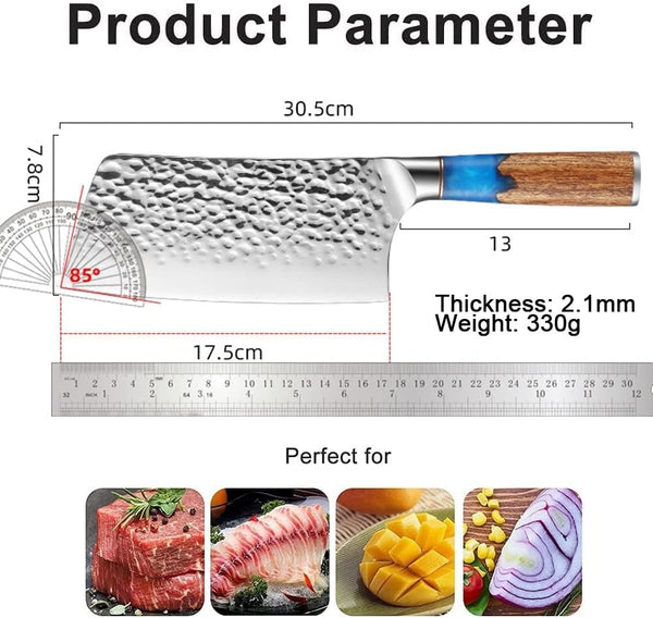 Meat Cleaver, 6.5Inch Stainless Steel Chinese Kitchen Knife Hammer Pattern Ultra-Sharp Nakiri Cleaver Utility Santoku Kniver Blue Resin2