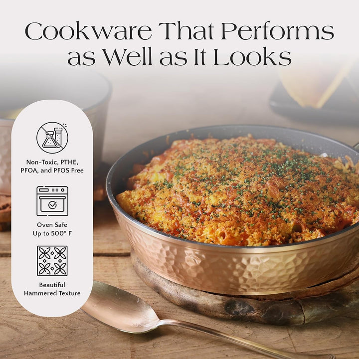 Ceramic Pots and Pans for Cooking - 10 Piece Cookware Set with Glass Lids, Rose Hammered Design, Elegant, Lightweight & Durable Non Stick Pans for All Stove Top Designs, Oven Use up to 500°F+2