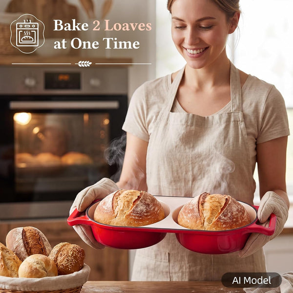 Mini Double Dutch Oven for Sourdough Bread Baking | Enameled Cast Iron, 500°F Oven Safe, 2.2QT Double round Loaf Pan for Homemade Baking, 15.5Cm Diameter, Red2