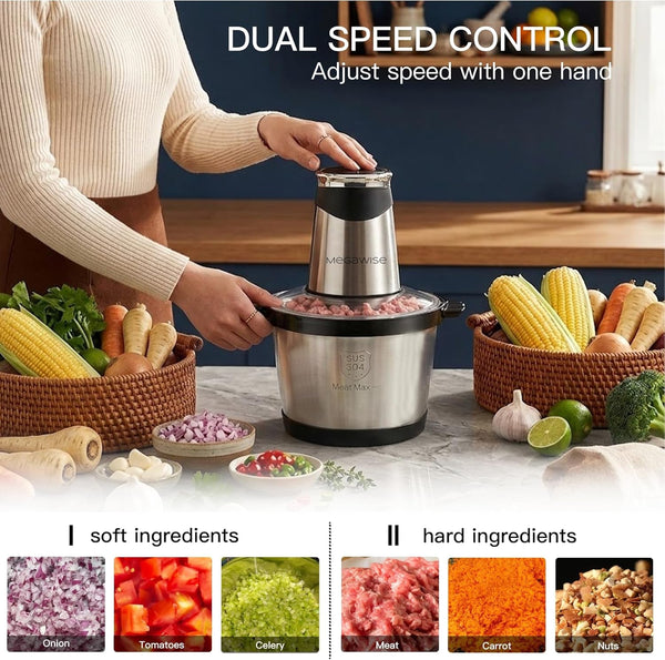 Electric Food Processor, 1000W Meat Grinder & Vegetable Chopper with 6L 304# Stainless Steel Bowl, Dual-Speed Food Chopper for Meat, Vegetables, Fruits, Nuts, and Baby Food4