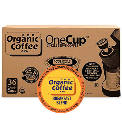 Organic Coffee Co. Onecup Breakfast Blend 36 Ct Medium Light Roast Compostable Coffee Pods, K Cup Compatible Including Keurig 2.06