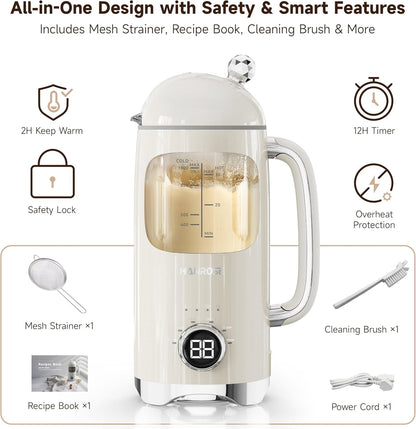 Nut Milk Maker Machine, 34 Oz Bpa-Free Glass Jar, 8-Blade System | 6-In-1 Programs, 12H Delay, 2H Keep Warm & 5-Min Self-Cleaning for Soy, Almond, Oat Milk, Juice & Daily Family Breakfasts8