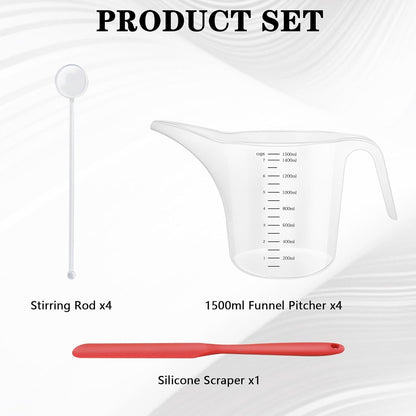 4 Pack 1500Ml/50Oz Long Spout Funnel Pitcher with Stirring Rods – Measuring Cups for Resin, Paint, Epoxy, Crafts, Soap Making, Durable and Easy to Pour, Great for Mixing, Measuring, Transfer Tasks2
