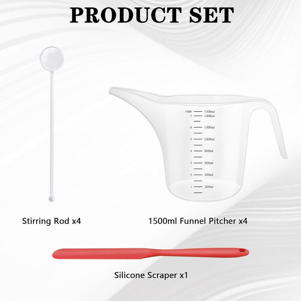 4 Pack 1500Ml/50Oz Long Spout Funnel Pitcher with Stirring Rods – Measuring Cups for Resin, Paint, Epoxy, Crafts, Soap Making, Durable and Easy to Pour, Great for Mixing, Measuring, Transfer Tasks2