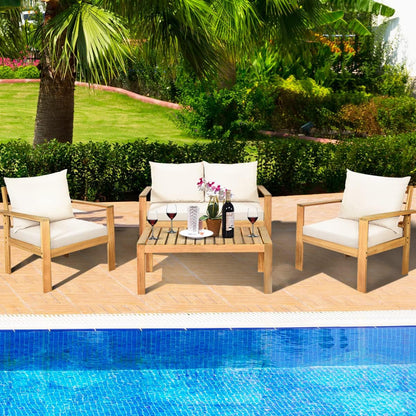Outdoor 4-Piece Acacia Wood Chat Set, 4 Seater Acacia Wood Conversation Sofa and Table Set with Water Resistant Cushions, Teak Finished (1, White)3