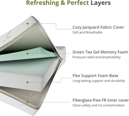 EGOHOME 8 Inch Twin Mattress Medium Firm, Green Tea Memory Foam Mattress | Cooling Green Tea Gel, Washable Removable Cover, Pressure Relief, Bed in a Box, Fiberglass Free, Certipur-Us Certified3