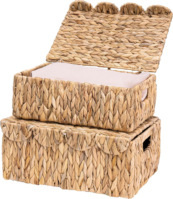 Set of 2 Scalloped Edge Wicker Basket with Lids, Rectangle Wicker Storage Basket with Built-In Handles, Multipurpose Organizer Rattan Display Boxes for Shelf, Nursery Room1