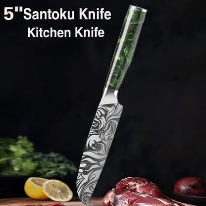 Meat Cleaver, 5 Inch Kitchen Knives Laser Damascus Pattern Santoku Knife Meat Cleaver Slicing Utility Knives Resin Handle(3Pcs)4