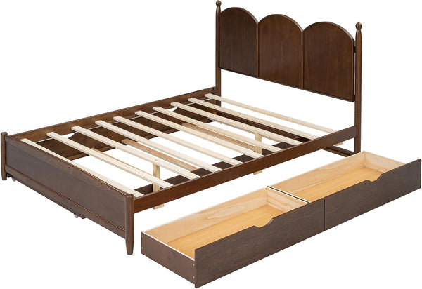 Queen Size Platform Bed with 2 Storage Drawers and Twin XL Size Trundle, Rustic Design Wooden Bed Frame, Walnut7