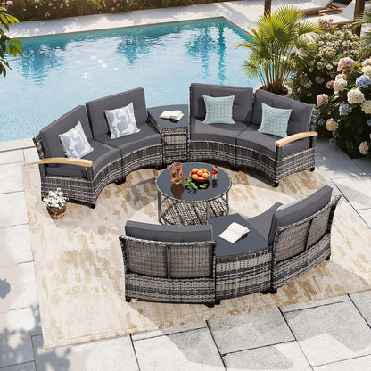 9-Piece Half-Moon Curved Outdoor Patio Furniture Set, Sectional Conversation Sofa with Wood Armrests, Coffee & Side Tables for Backyard Deck Garden, Grey1
