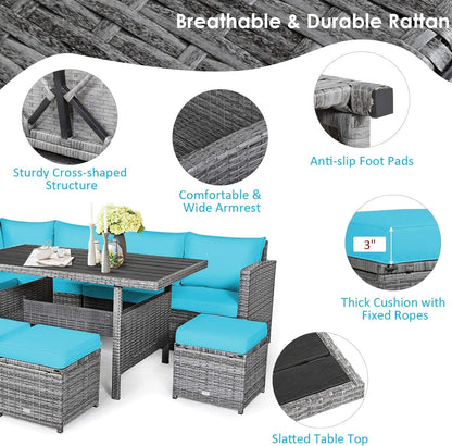 7 Pieces Patio Furniture Set, Outdoor Sectional Rattan Dining Sofa Set with Cushions, All Weather Wicker Conversation Couch Set with Dining Table & Ottomans for Yard Garden Poolside6