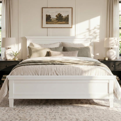 Queen Size Platform Bed, Mid-Century Wooden Bed Frame with Headboard and Tapered Legs for Bedroom, Wood Slat Support, No Box Spring Needed, Easy Assembly (White)1