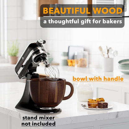 Wooden Bowl with Handle, Kitchen Space Aid Acacia Wood Mixing Bowls Holder for Stand Mixer, Compatible with 4.5 & 5 QT Tilt-Head Models Kitchen, Natural Wood4
