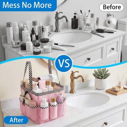Mesh Shower Caddy Portable for College Dorm Room Essentials, 9 Pocket Large Capacity Waterproof Hanging Toiletry Tote with 2 Handles, Pink Bathroom Organizer for Swimming, Gym, Camp, Beach, Travel4