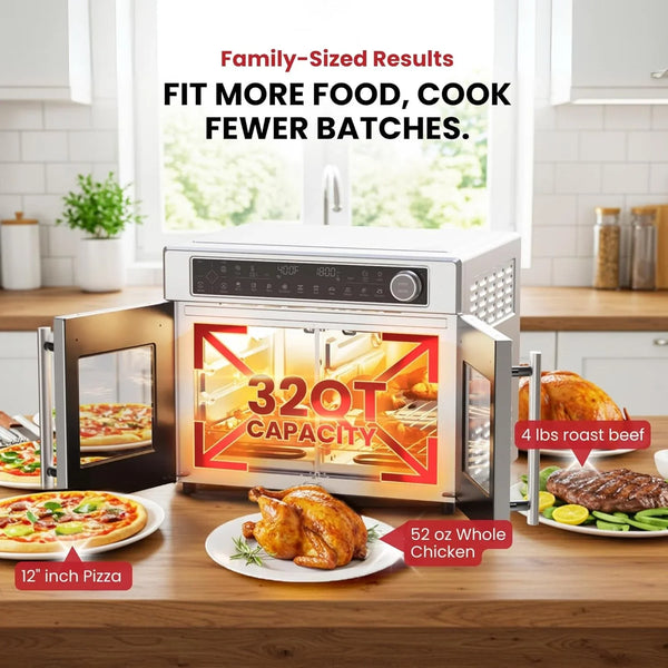 Ultra-Premium Dual-Zone Stainless Steel Air Fryer Toaster Oven Combo, Extra Large 32QT French Door Convection Oven with Next-Gen Patent Technology, 13 Accessories, Rotisserie, Sync Finish4