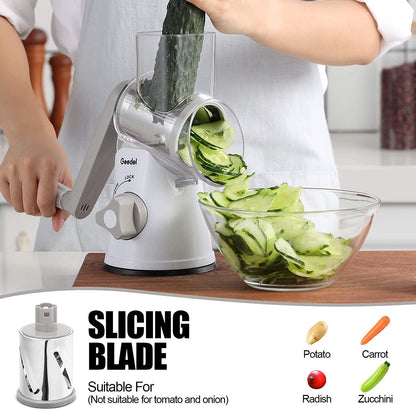 Rotary Cheese Grater Hand Crank, Cheese Shredder Vegetable Slicer | 3 Blades, 430 Stainless Steel, 12X Fast Cutting, Strong Suction Base, No BPA, Dishwasher Safe, for Cheese, Veggie, Nut3