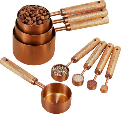 Copper Stainless Steel Measuring Cups and Spoons Set of 8, Wooden Handle with US and Metric Measurements1