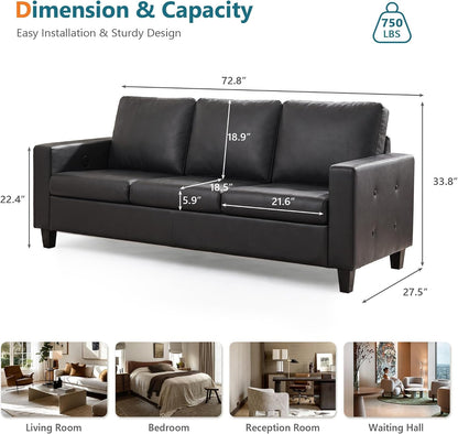 73” Black Faux Leather Sofa, 3 Seater Couch for Office, Living Room2