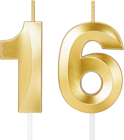 Sweet 16 Birthday Decorations, Gold Number 16 Candles for Cake1