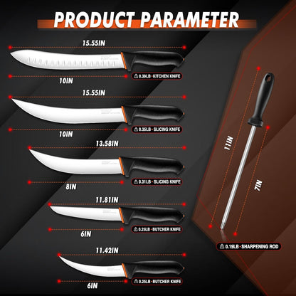 Butcher Knife Set 6 Pcs - Game Processing Knife Set 7" Sharpener Rod | High Carbon Stainless Steel, Ergonomic Non-Slip Rubber Handle, Gift Box, Anti-Fouling, Easy to Clean2