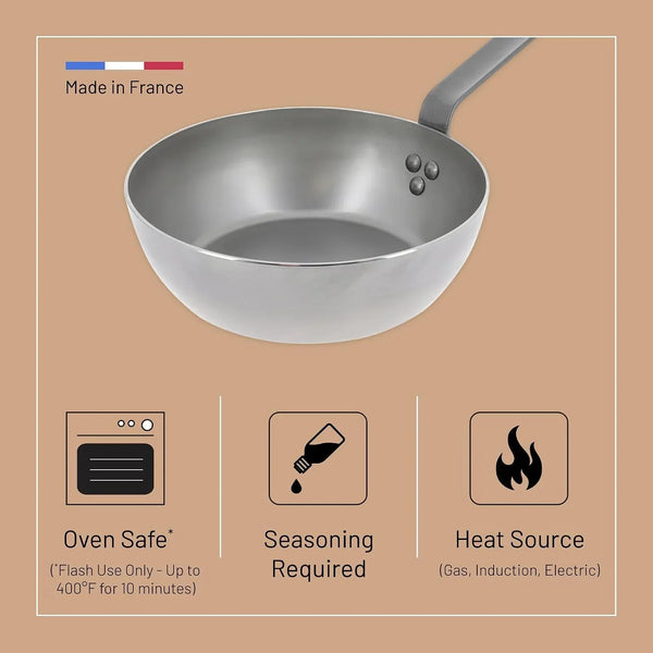 MINERAL B Carbon Steel Country Fry Pan - 11” Diameter, 7.7” Cooking Surface - Ideal for Sauteing, Simmering, Deep Frying & Stir Frying - Naturally Non-Stick Finish - Made in France5